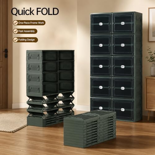 Foldable Shoe Storage Cabinet for 24 Pairs with Magnetic Clear Doors, Portabl...