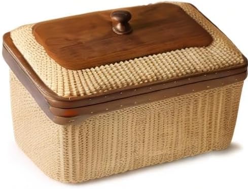 Rectangular Handmade Nantucket Basket with Lid, Natural Cane Weave Storage Ba...