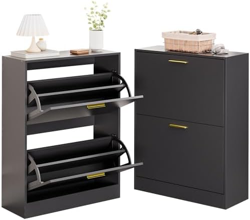 LYNSOM Entryway Shoe Cabinet Set of 2 with 2 Flip Drawers and Top Display, Bl...