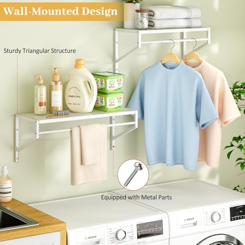 ThreeHio 2 Pack Expandable Laundry Room Shelves with Hanging Rod, Over Washer...