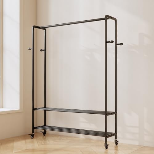 Black Rolling Garment Rack with Shelves and Hooks,Freestanding Metal Clothing...
