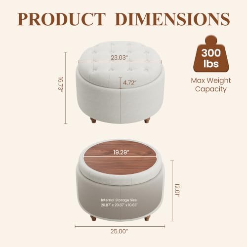 25" Round Ottoman with Storage, Small Coffee Table with Reversible Tray Lid