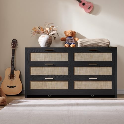 SICOTAS Rattan Dresser for Bedroom, 57" Wide 6 Drawer Dresser