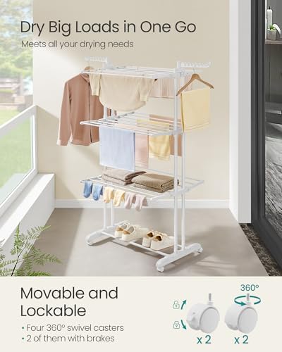 SONGMICS 4-Tier Clothes Drying Rack, Foldable, Rolling, 66.6-Inch Tall