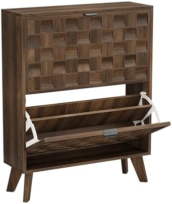 Smuxee Walnut Shoe Cabinet with 2 Flip Drawers, 29.6" Hidden Shoe Storag...