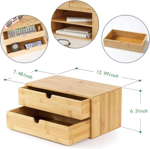 Bamboo Desk Drawer Organizer, Large Desktop Organizer with Drawers Tabletop S...