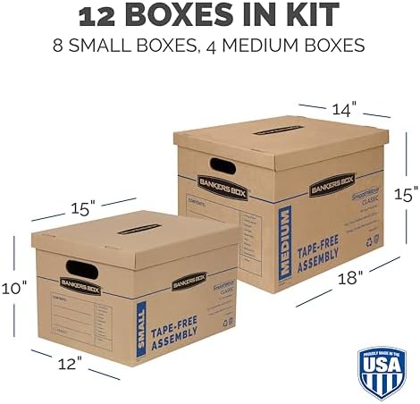 Bankers Box Classic Moving Box 12 Pack Kit, Reinforced Handles, Tape-Free Ass...