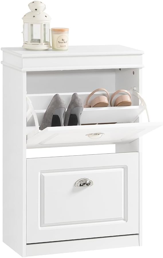 SoBuy Small Shoe Cabinet, Slim Shoe Rack 2 Flip-Drawers, Thin Shoe Storage Cu...
