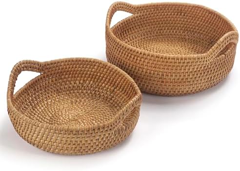 Rattan Storage Basket, Hand Woven Fruit Basket with Handles, Wicker Serving B...