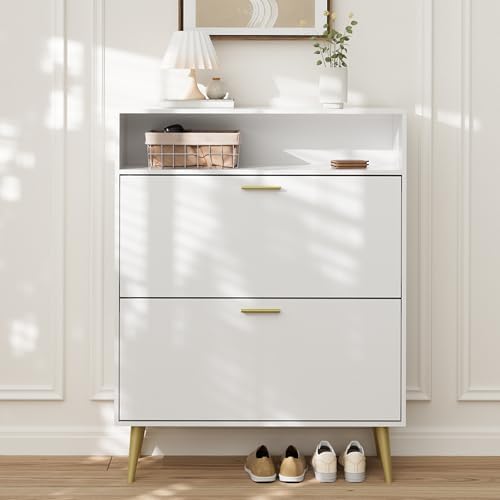 LYNSOM Entryway Shoe Cabinet Set of 2 with 2 Flip Drawers and Open Storage, W...