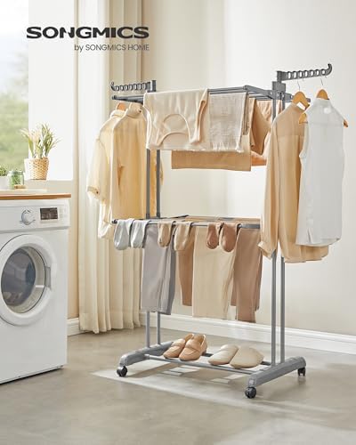 SONGMICS 3-Tier Clothes Drying Rack, Foldable, Rolling, 58.3-Inch Tall