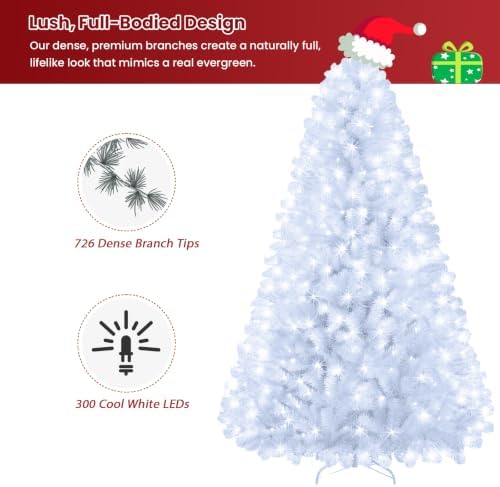 6ft White Prelit Christmas Tree with 300 LED White Lights, 726 Dense Branch T...