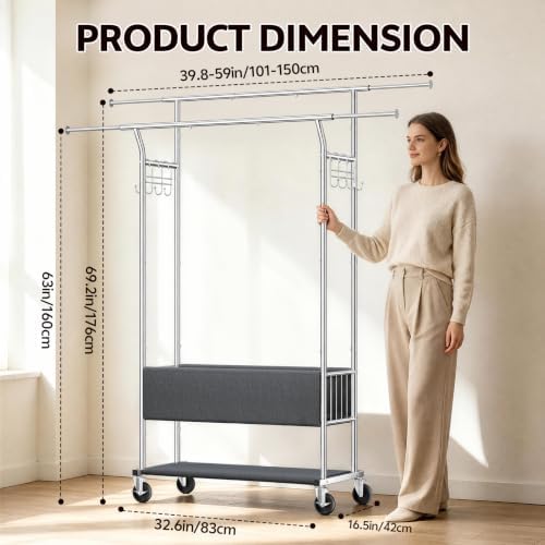 Heavy Duty Rolling Clothing Rack, Double Rod Clothing Storage Organizer