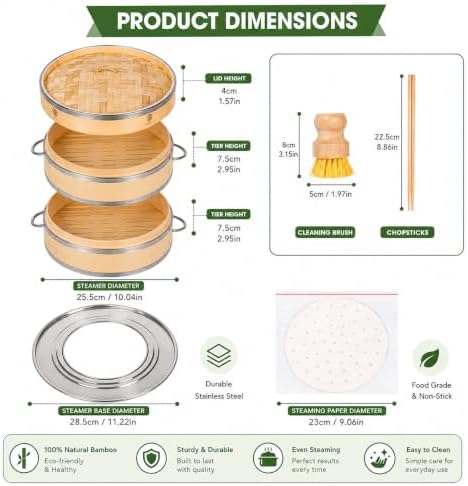 2-Tier Bamboo Seafood Steamer Basket 10 Inch for Cooking Dumplings, Vegetable...