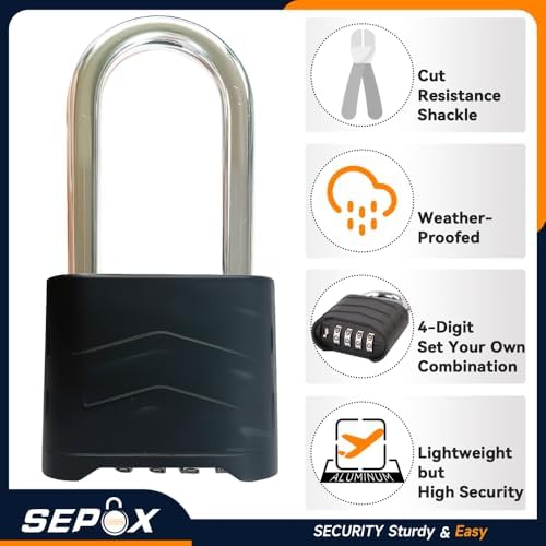 SEPOX® Large Padlock Combination Lock 2.2", Long Shackle, 4 Big Digit, 4Pcs