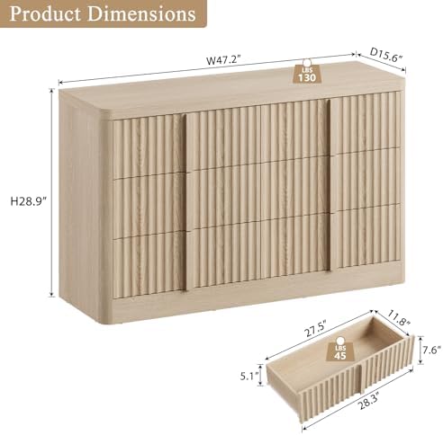 YANSNWO 47" Wide Fluted 6 Drawer Dresser for Bedroom, Natural Oak