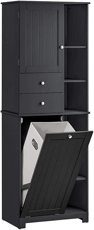 SoBuy Tall Tilt-Out Laundry Hamper Cabinet with Removable Basket and Shelves, Freestanding Laundry Storage Cabinet for Laundry Room or Bathroom, Black BZR104-SCH