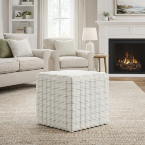 HomePop 19" Square Ottoman - Natural Plaid Woven Fabric