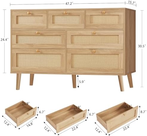 TEENFON Dresser for Bedroom, 47.2''Wide 7 Drawer Rattan Dresser, Wood...