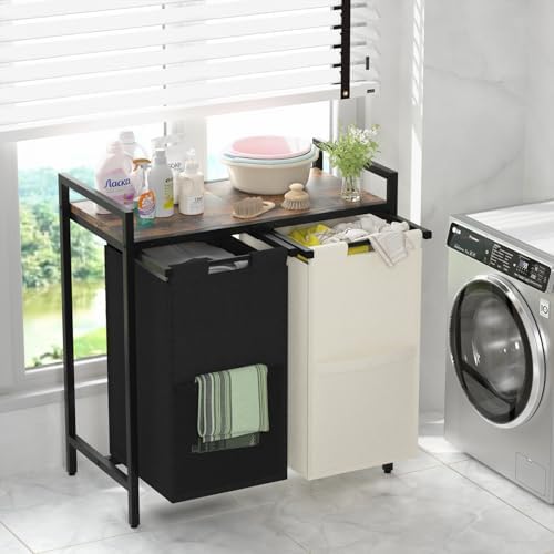 Huhote Double Compartment Laundry Basket, Laundry Sorter with Top Shelf, 2 Re...