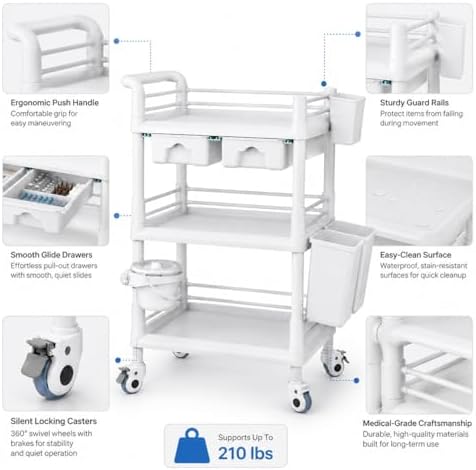 Rolling Utility Cart,Qiwey Medical Utility Cart with Drawers,3-Tier Esthetici...