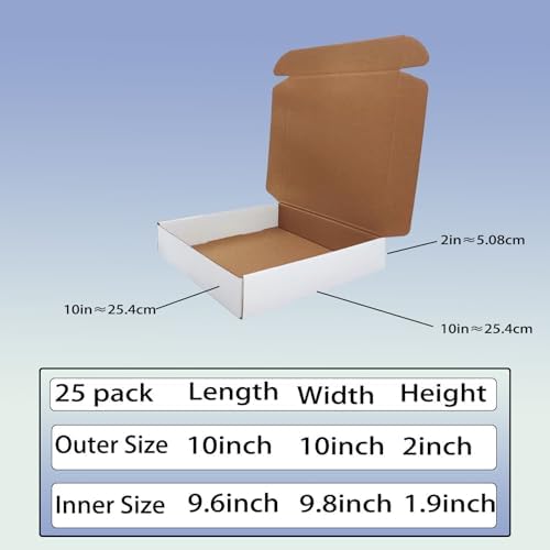 10x10x2 inch Shipping Boxes Set of 25, White Corrugated Cardboard Mailers