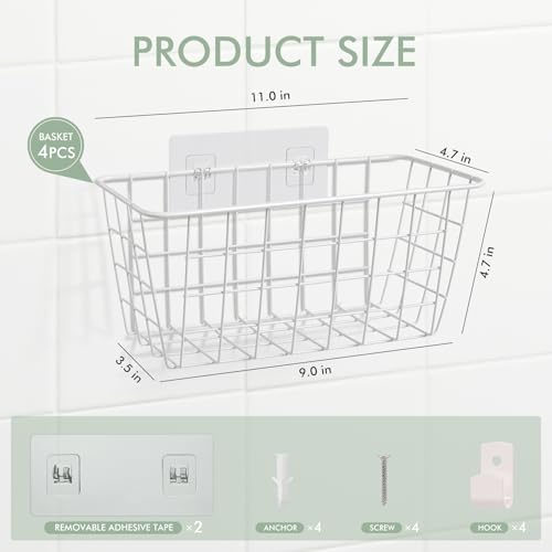 Wire Hanging Wall Basket, 4 White Metal Baskets, Adhesive Cabinet Organizer