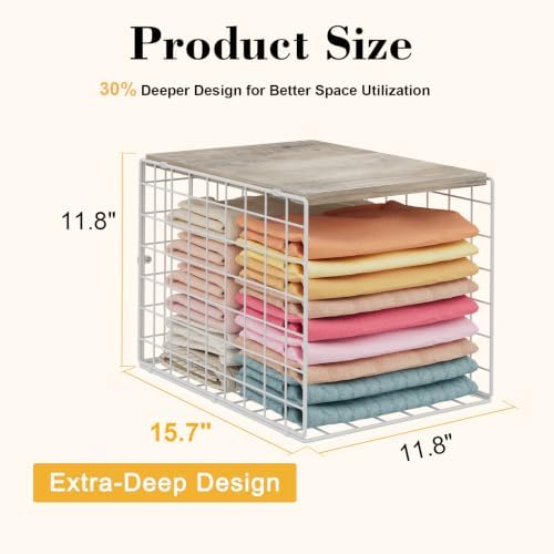 Hencawima Extra-Deep 4 Pack Closet Shelf Organizer with Wooden Top, Stackable...