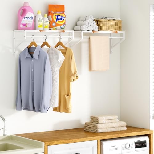 ThreeHio 2 Pack Expandable Laundry Room Shelves with Hanging Rod, Over Washer...