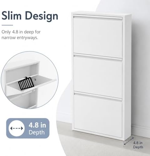 Wall Mounted Shoe Storage Cabinet, 3 Tiers 20 Inch Shoe Cabinet, White Flip-D...