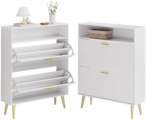 LYNSOM Modern Entryway Shoe Cabinet with 2 Flip Drawers and Open Storage, Whi...