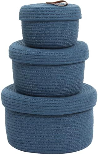 Set of 3 Small Woven Baskets with Lids, Cotton Rope Round Nesting Storage Bas...