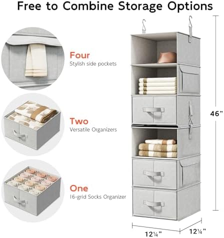 6-Shelf Hanging Closet Organizer with 3 Drawers, Separable, Silver Gray