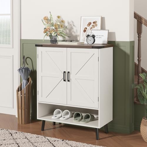 Vabches 34" Tall Farmhouse Shoe Storage Cabinet with Doors, White