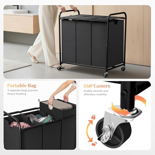 180L Laundry Sorter 3 Section, Rolling Laundry Basket with Wheels and Lid