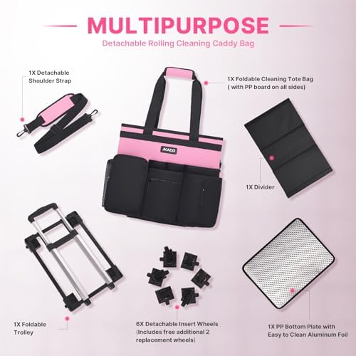 JKAOO Large Rolling Cleaning Caddy Bag with Detachable Trolley, Pink