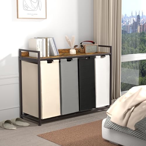 Herture Laundry Hamper with Shelf, Laundry Basket 4 Section, Laundry Sorter w...