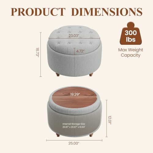 25" Round Ottoman with Storage, Small Coffee Table with Reversible Tray Lid