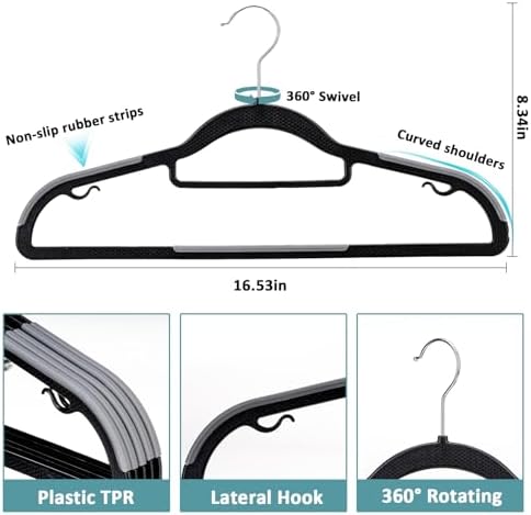 Tonswachic Coat Hanger 50 Pack, Space Saving Plastic Clothes Hanger, Black