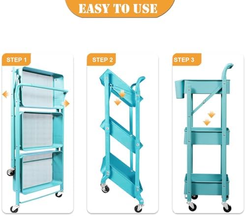 Foldable Utility Rolling Cart with Wheels No Assembly 3 Tier Metal Rolling Ca...