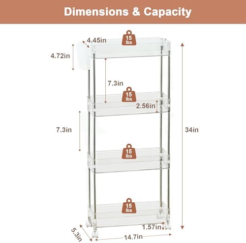 VECELO Acrylic 4-Tier Rolling Cart, Slim Utility Cart for Storage, Mobile Sto...