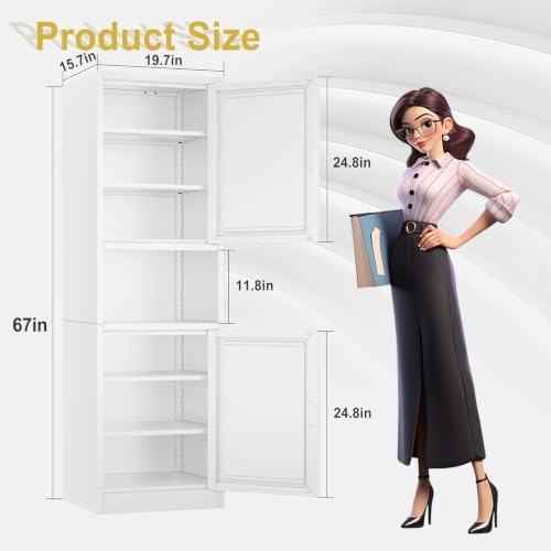 67" Tall Narrow Bathroom Storage Cabinet, Metal Pantry Cabinet, White