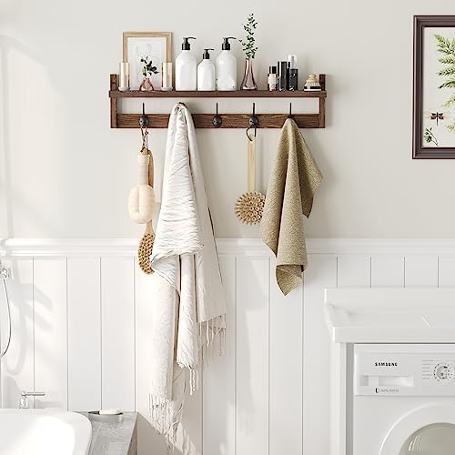 AMBIRD 28.9 Inch Length Shelf with Hooks Entryway Coat Rack Wall Mount Wood C...
