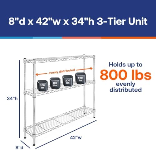 Shelving Inc. 8" d x 42" w Chrome Wire Shelving with 3 Tier Shelves