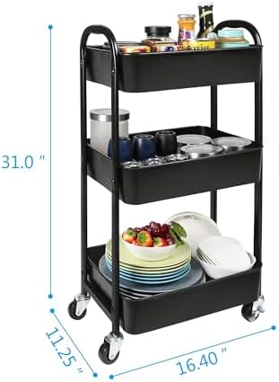 3-Tier Rolling Utility Cart with Caster Wheels Easy Assembly, Black