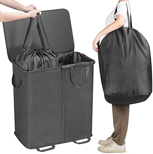 Lifewit Double Laundry Hamper with Lid, Removable Laundry Bags, Black