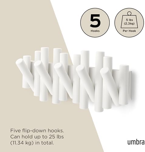 Umbra Picket Coat Rack, Wall Mount 5 Flip-Down Coat Hooks, White