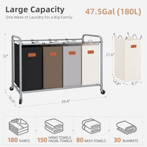 STORAGE MANIAC Laundry Sorter 4 Section, 47.5 Gal Laundry Cart with Wheels