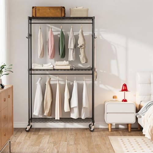 Garvee Rolling Garment Clothes Rack with Wheels, 3-Tier Shelves & Hooks