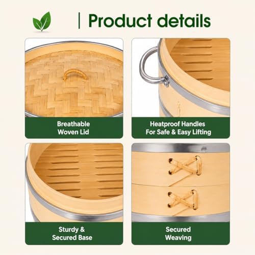 2-Tier Bamboo Seafood Steamer Basket 10 Inch for Cooking Dumplings, Vegetable...
